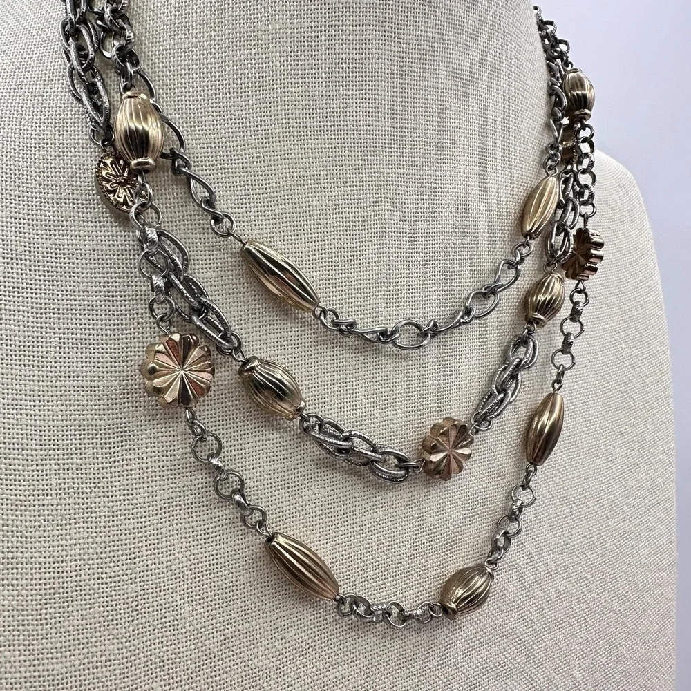 Vintage Two Tone Statement Necklace Gold Silver‎ Oval Flower Bead Jewelry Retro